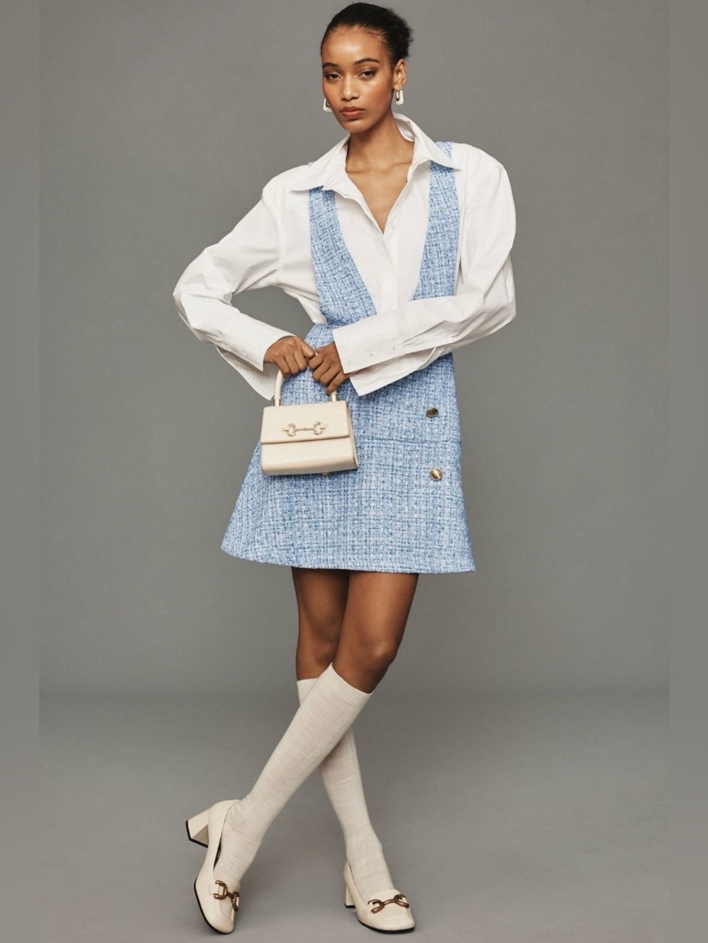 Anthropologie Maeve Light Blue Tweed Pinafore Dress Size 12